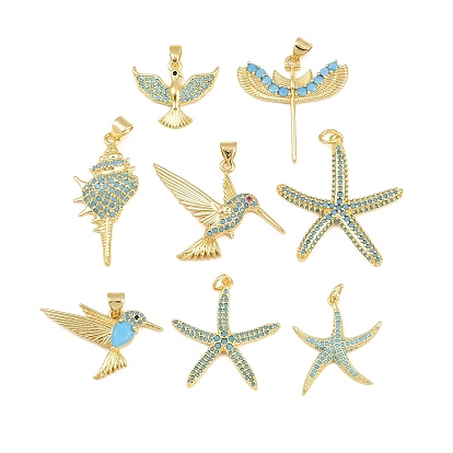 Brass Micro Pave Cubic Zirconia Pendants, Bird/Starfish/Shell Shape/Wing Charms