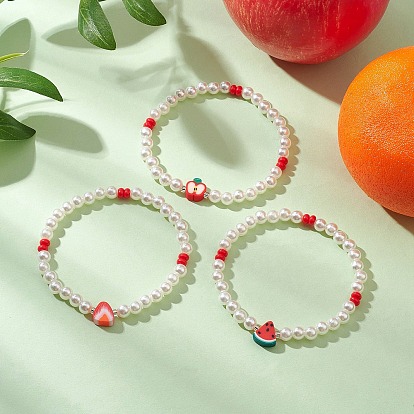 3шт. Летние фруктовые браслеты из АБС-пластика с имитацией круглых жемчужин и бусинами для женщин, с бусиной из полимерной глины ручной работы, арбуз, клубника и яблоко