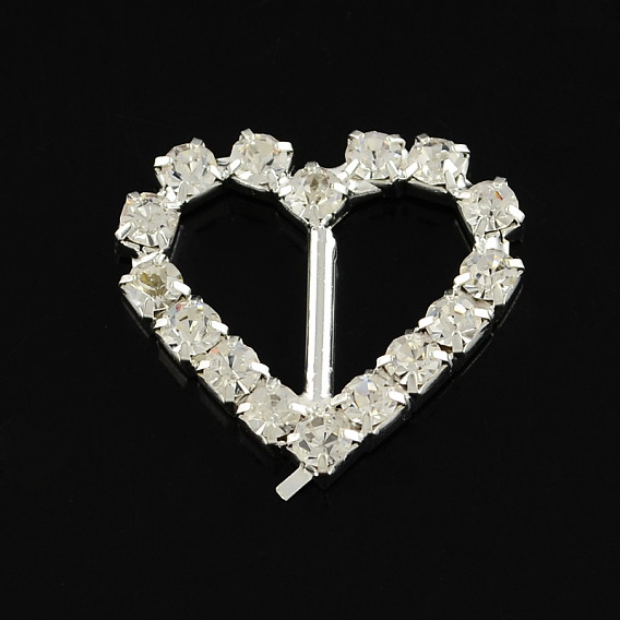 Shining Heart Wedding Invitation Ribbon Buckles, Silver Color Plated Brass Grade A Crystal Rhinestone Garment Dress Slide Buckles, 21x20x3mm, Hole: 12x7mm