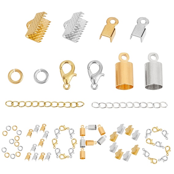 Kits de bijoux diy, y compris les extrémités en fer, Fermoir mousqueton, fermoirs de homard en alliage de zinc , extrémités de cordon en laiton et anneaux de saut, fer se termine avec des extensions de chaîne torsadée