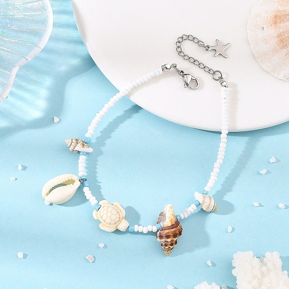 Ocean Natural Mixed Shell & Synthetic Turquoise Turtle & Glass Seed Beaded Anklets for Women, White