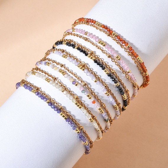 Golden Tone 304 Stainless Steel Double Strand French Chain Bracelets with Faceted Round Cubic Zirconia and Black Glass for Women