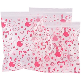 100Pcs OPP Rectangle Zip Lock Bags, with Rabbit & Bear Pattern, Resealable Packaging Bags, Self Seal Bags