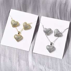 Heart Brass Micro Pave Cubic Zirconia Stud Earrings & Pendant Necklaces Sets, Cadmium Free & Lead Free, Long-Lasting Plated, Rack Plating