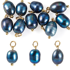 10Pcs Natural Cultured Freshwater Pearl Pendants, Oval Charms, with 304 Stainless Steel Findings