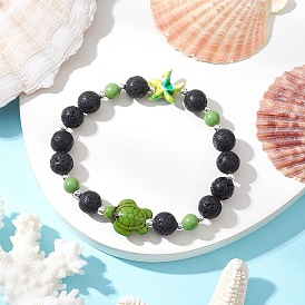 Браслеты из натуральной лавы и окрашенных синтетических бирюзовых бусин для мужчин и женщин, черепаха и морская звезда