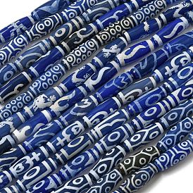 Tibetan Style dZi Beads Strands, Dyed Natural Agate Beads Blue Strands, Drum Shape
