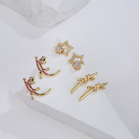 18K Gold Plated Lizard Wishbone Stud Earrings with Zirconia Stars - Unique Design for Women