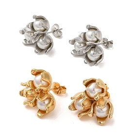 Flower 304 Stainless Steel Stud Earrings, Plastic Imitation Pearl Earrings for Women