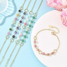 Natural Mixed Gemstone Faceted Cube Beaded Brass Chain Bracelets for Women, Golden