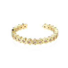 Cubic Zirconia Pentagram Open Cuff Ring, Real 18K Gold Plated Brass Jewelry for Women, Nickel Free