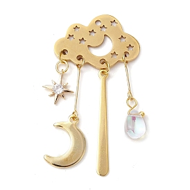 201 Stainless Steel Pendants, with Brass Pendants and Glass Beads, Cloud with Moon & Star