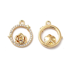 Brass Micro Pave Cubic Zirconia Charms, Real 18K Gold Plated, Ring with Rose Charm