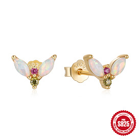 Boucles d'oreilles puces en forme de V en argent avec diamant et opale pour femme