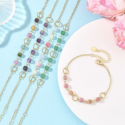 Natural Mixed Gemstone Faceted Cube Beaded Brass Chain Bracelets for Women, Golden