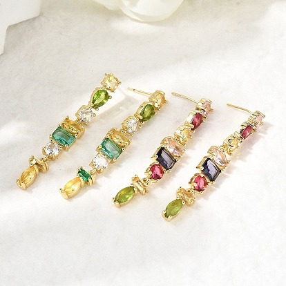 Прямоугольные серьги-гвоздики из латуни с микропаве и цирконием, без кадмия и без свинца, стойки покрытие, долговечный, реальный 18 k позолоченный