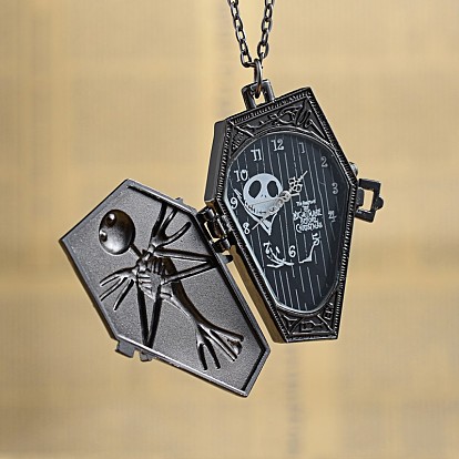 Retro Alloy Skull Pendant Pocket Watches, Quartz Watch, with Iron Chain and Lobster Claw Clasps, 30.7 inch, Watch Head: 54x36x13mm