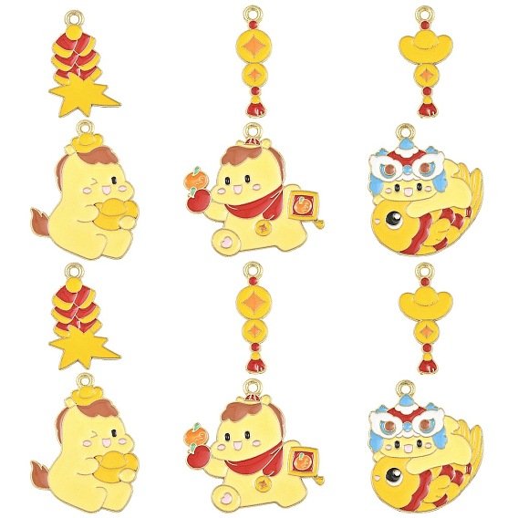 24Pcs 6 Styles New Year's Day Alloy Enamel Pendants, Golden