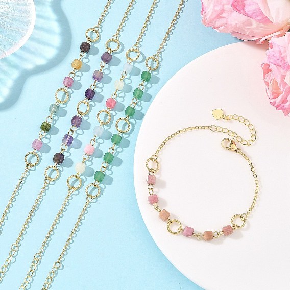 Natural Mixed Gemstone Faceted Cube Beaded Brass Chain Bracelets for Women, Golden