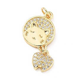 Eco-friendly Brass Micro Pave Clear Cubic Zirconia Pendants, with Jump Ring, Cadmium Free & Lead Free, Flat Round with Cat