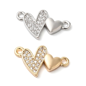 Brass Micro Pave Clear Cubic Zirconia Connector Charms, Double Heart Links