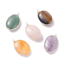 Natural Mixed Stone Pendants, with Silver Tone Brass Wire Wrapped, Oval