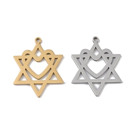 304 Stainless Steel Pendants, Laser Cut, Hollow Star of David with Heart Charm