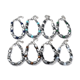 Bracelets de perles d'hématite synthétiques non magnétiques, perles rondes de pierres précieuses mélangées 201 bracelets en acier inoxydable pour femmes