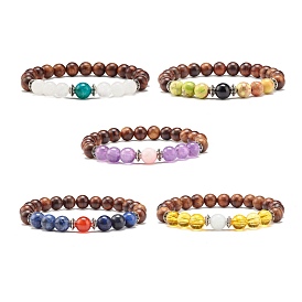 Natural Mixed Stone & Wood Round Beads Stretch Bracelet, 7 Chakra Jewelry for Her