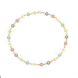 Enamel Flower Link Chains Bracelet, Golden Plated 201 Stainless Steel Jewelry for Women