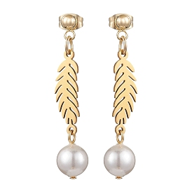 304 Stainless Steel Leaf Dangle Stud Earrings, with Shell Pearl