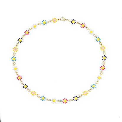 Enamel Flower Link Chains Bracelet, Golden Plated 201 Stainless Steel Jewelry for Women