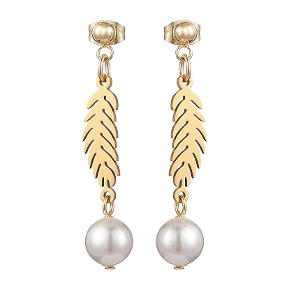 304 Stainless Steel Leaf Dangle Stud Earrings, with Shell Pearl