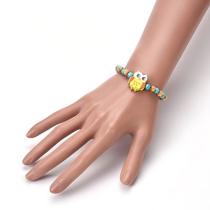 Wood Beads Kids Stretch Bracelets, with Synthetic Turquoise, Owl
