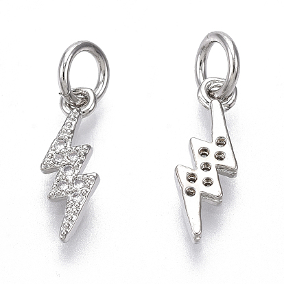 Brass Micro Pave Cubic Zirconia Charms, with Jump Ring, Nickel Free, Lightning, Clear