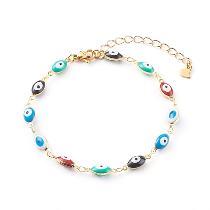 Brass Enamel Evil Eye Link Chain Bracelets, with 304 Stainless Steel Lobster Claw Clasps, Golden