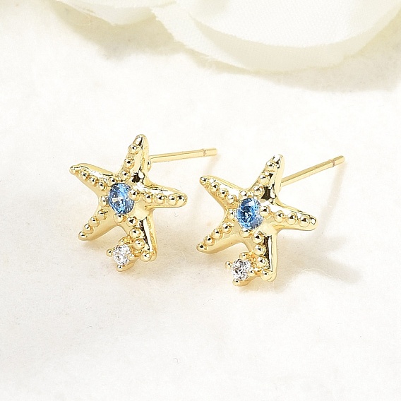 Серьги-гвоздики из латуни с микропаве из кубических цирконий в форме морских звезд, без кадмия и без свинца, стойки покрытие, долговечный
