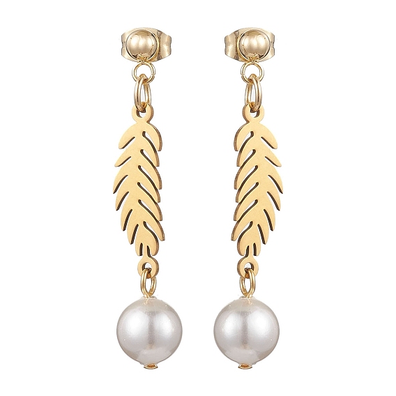 304 Stainless Steel Leaf Dangle Stud Earrings, with Shell Pearl