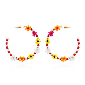 Colorful Minimalist Flower Bead Earrings with Geometric C-Shaped Design for Women