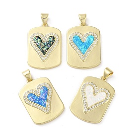 Pendentifs en laiton micro pavé de zircone cubique transparent pour la saint-valentin, avec opale synthétique, réel 18 k plaqué or, rectangle avec motif coeur