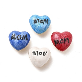 Brass Enamel Beads, Real 18K Gold Plated, Long-Lasting Plated, Heart with Word Mom