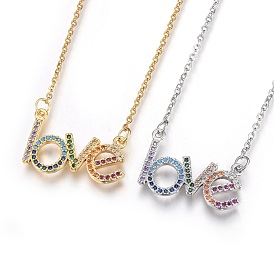 Brass Micro Pave Cubic Zirconia Pendant Necklaces, with 304 Stainless Steel Chain, Word Love