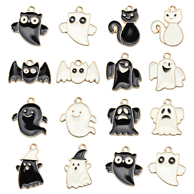 70 piezas 14 estilos colgantes de esmalte de aleación de halloween, sin plomo y cadmio, la luz de oro, fantasma y gato y murciélago
