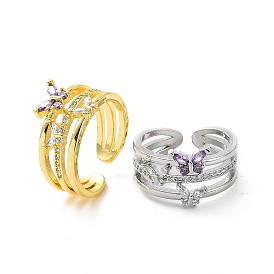Открытое кольцо-манжета с фиолетовым цирконием и бабочкой, стойка с покрытием из латуни, тройная линия, широкое кольцо для женщин, без кадмия и без свинца
