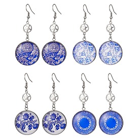 Blue Glass Flat Round & Alloy Star Dangle Earrings, with 304 Stainless Steel Earring Pins