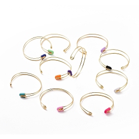 Enamel Safety Pin Shape Open Cuff Bangle, Golden Brass Jewelry for Women