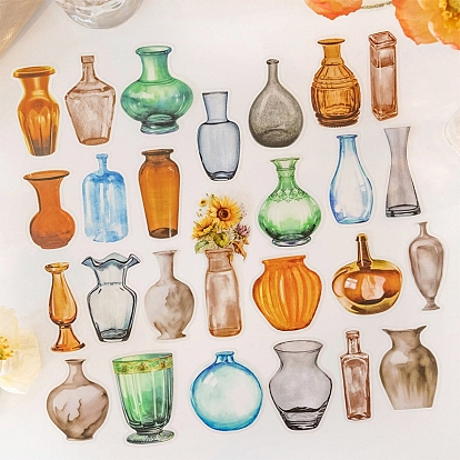 30Pcs 15 Styles PET Self Adhesive Bottle Decorative Stickers, Waterproof Vase Decals, for DIY Scrapbooking