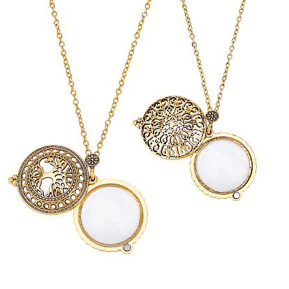 2Pcs 2 Styles Magnifying Glass Magnetic Locket Pendant Necklaces, with Zinc Alloy Cable Chains, Flat Round, Clear