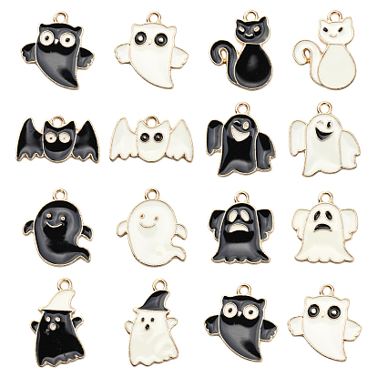 70 piezas 14 estilos colgantes de esmalte de aleación de halloween, sin plomo y cadmio, la luz de oro, fantasma y gato y murciélago