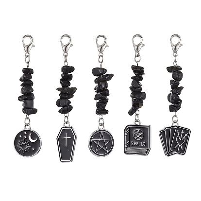 Decoraciones colgantes de aleación de esmalte, con chip de obsidiana natural y cierre de aleación, formas mixtas